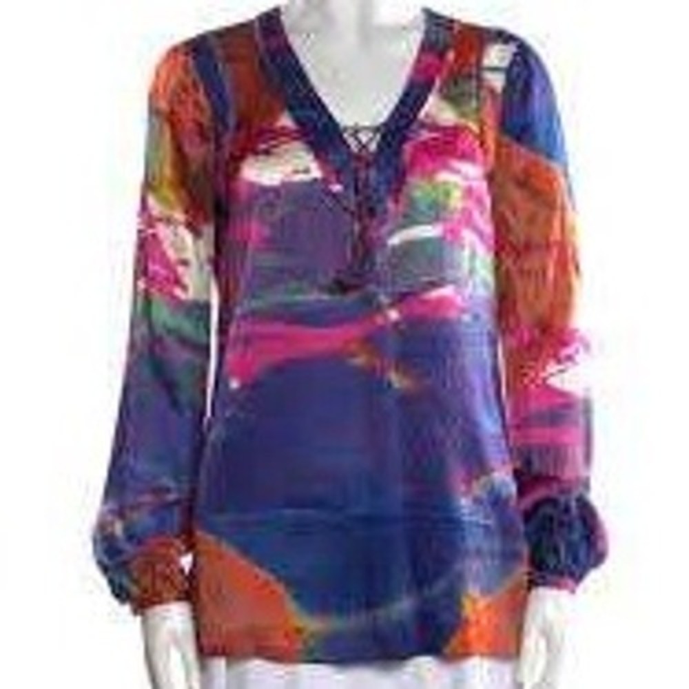Tory Burch Vibrant Watercolor Splash 100%‎ Silk Flowy Blouse Women's Size 4